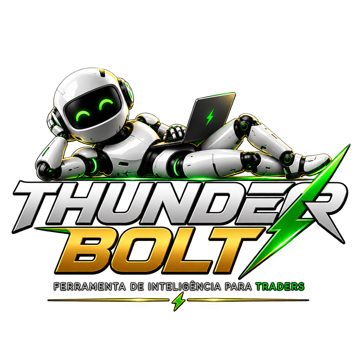 Logo Thunderbolt com robô deitado e marca em prata e dourado
